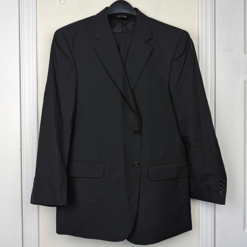 Jos A Bank 2-Piece Suit Mens 42R 36x29 100% WOOL Pleated Cuffed Solid Black - Picture 4 of 16
